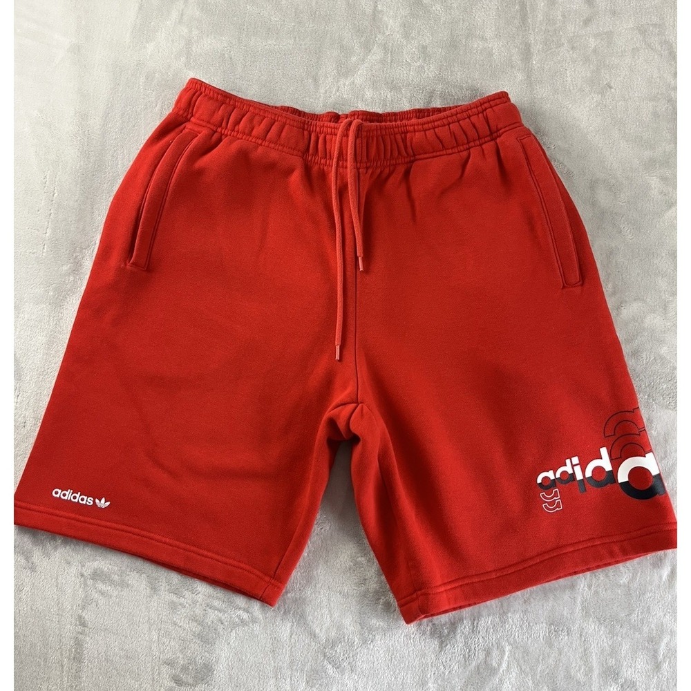 Adidas Original Logo Play Short Men Medium Red Trefoil Fleece Zip Pocket Outdoor